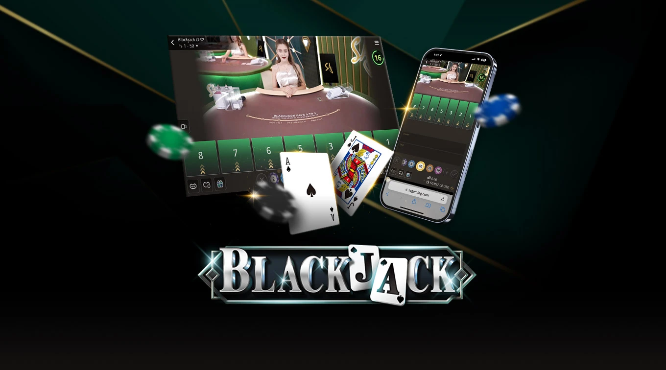 Image for an online Blackjack game featuring a dealer at a casino table on the left and a mobile interface on the right. The text 'BLACKJACK' is prominently displayed at the bottom, with playing cards and poker chips floating around.