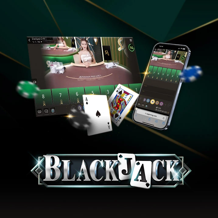 Image for an online Blackjack game featuring a dealer at a casino table on the left and a mobile interface on the right. The text 'BLACKJACK' is prominently displayed at the bottom, with playing cards and poker chips floating around.
