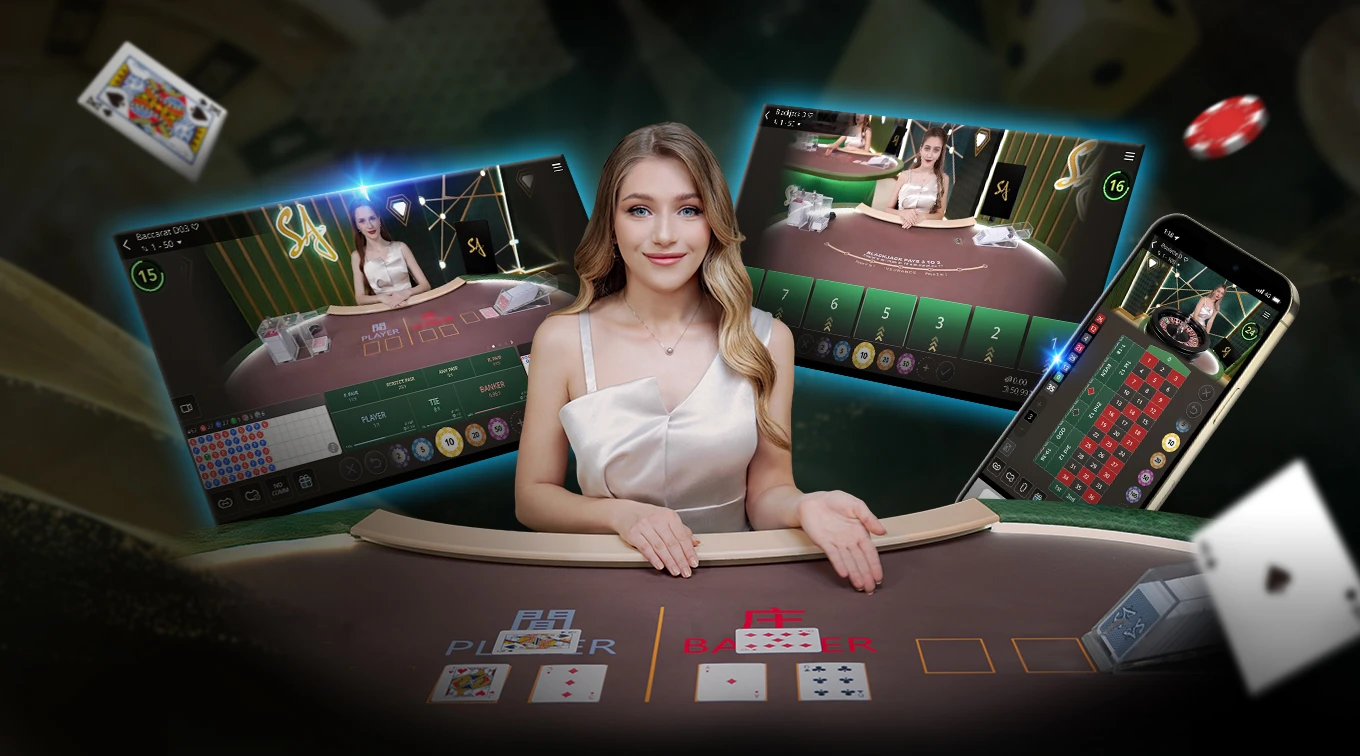 A graphic showcasing 'SA Gaming' with a woman in a red dress at the center. Surrounding her are two screens displaying online blackjack tables and a smartphone with game graphics. The background features a casino setting.