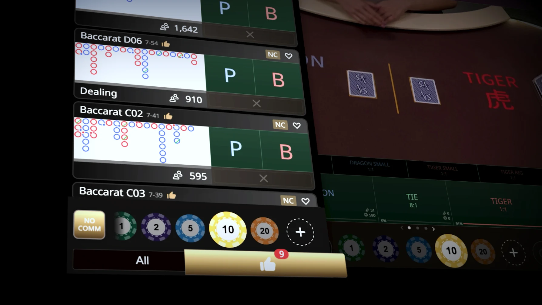 Close-up of SA Gaming's Quick Multi-Bet side panel displaying live Baccarat roadmaps, chip selections, and a "No Commission" toggle alongside a Dragon Tiger table.